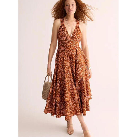 J. Crew Collection Cross Back Ruffle Hem Midi Dress Pecan Vintage Vines 10 NWT! - Picture 3 of 16
